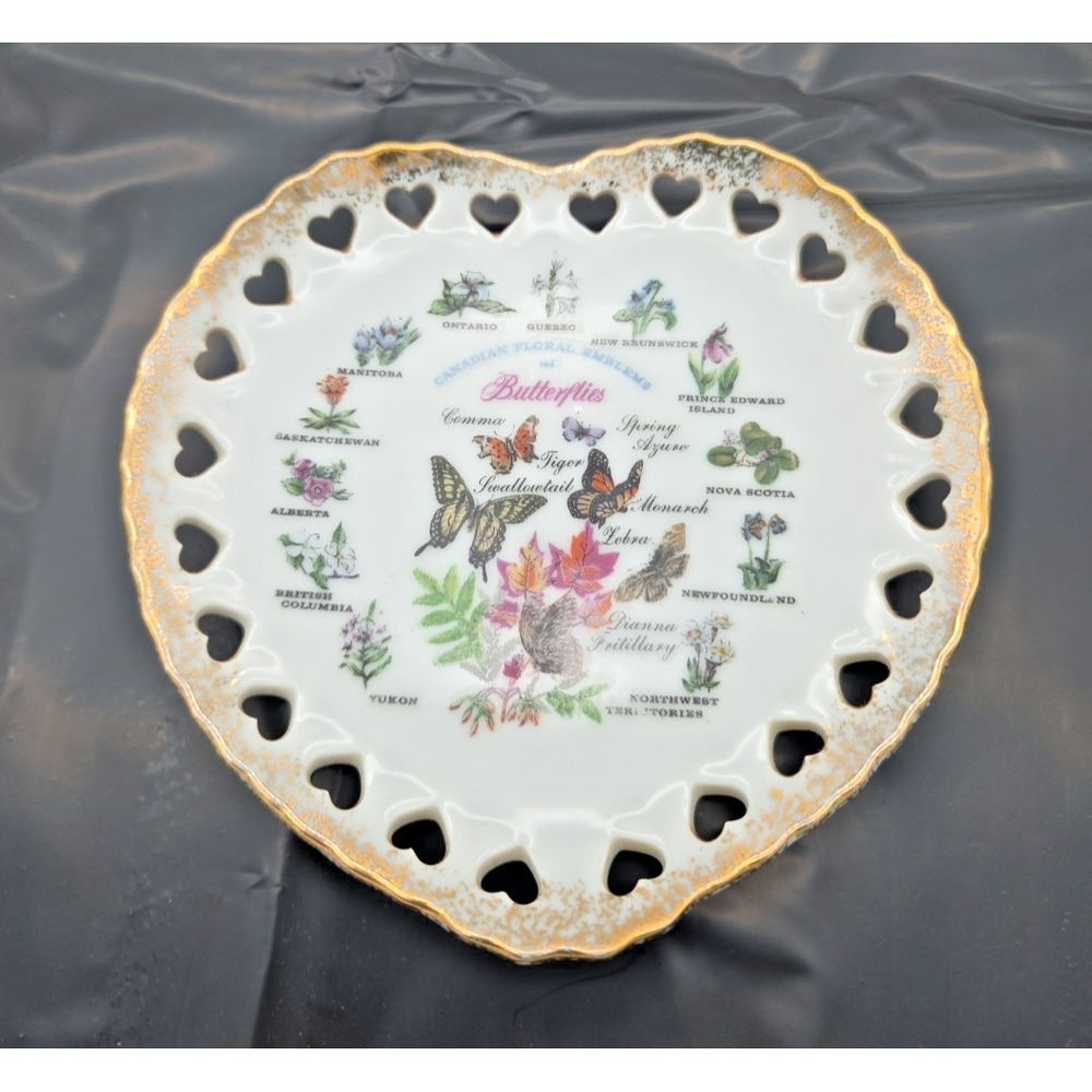 1964 GIFTCRAFT JAPAN LOUIS HARTLEY CANADIAN Heart PLATE FLORAL BUTTERFLIES Rare